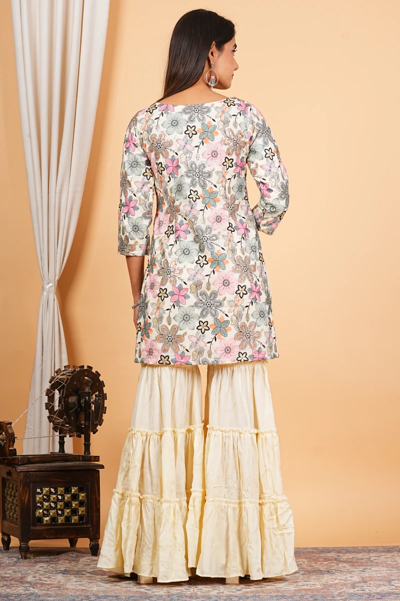 Cream Cotton Embroidered Top with Sharara