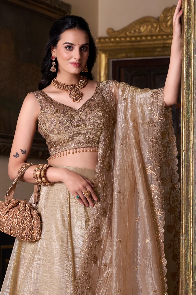 Gold Crush Fabric Lehenga Choli with Dupatta