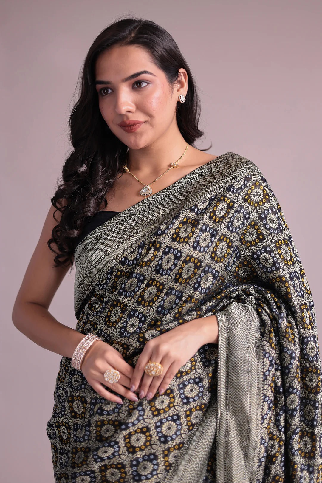 Black Power loom Bandhej Look Saree