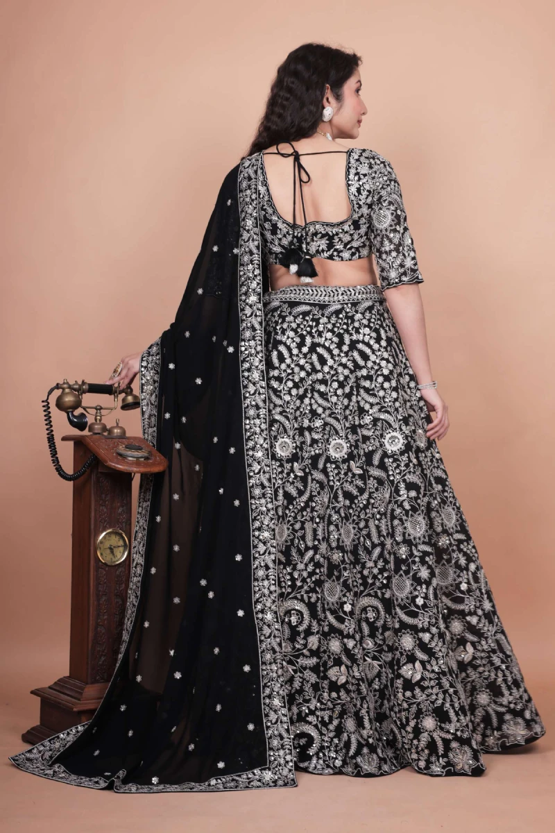 Black Harirer Georgette Silk Embroidered Lehenga Choli Set