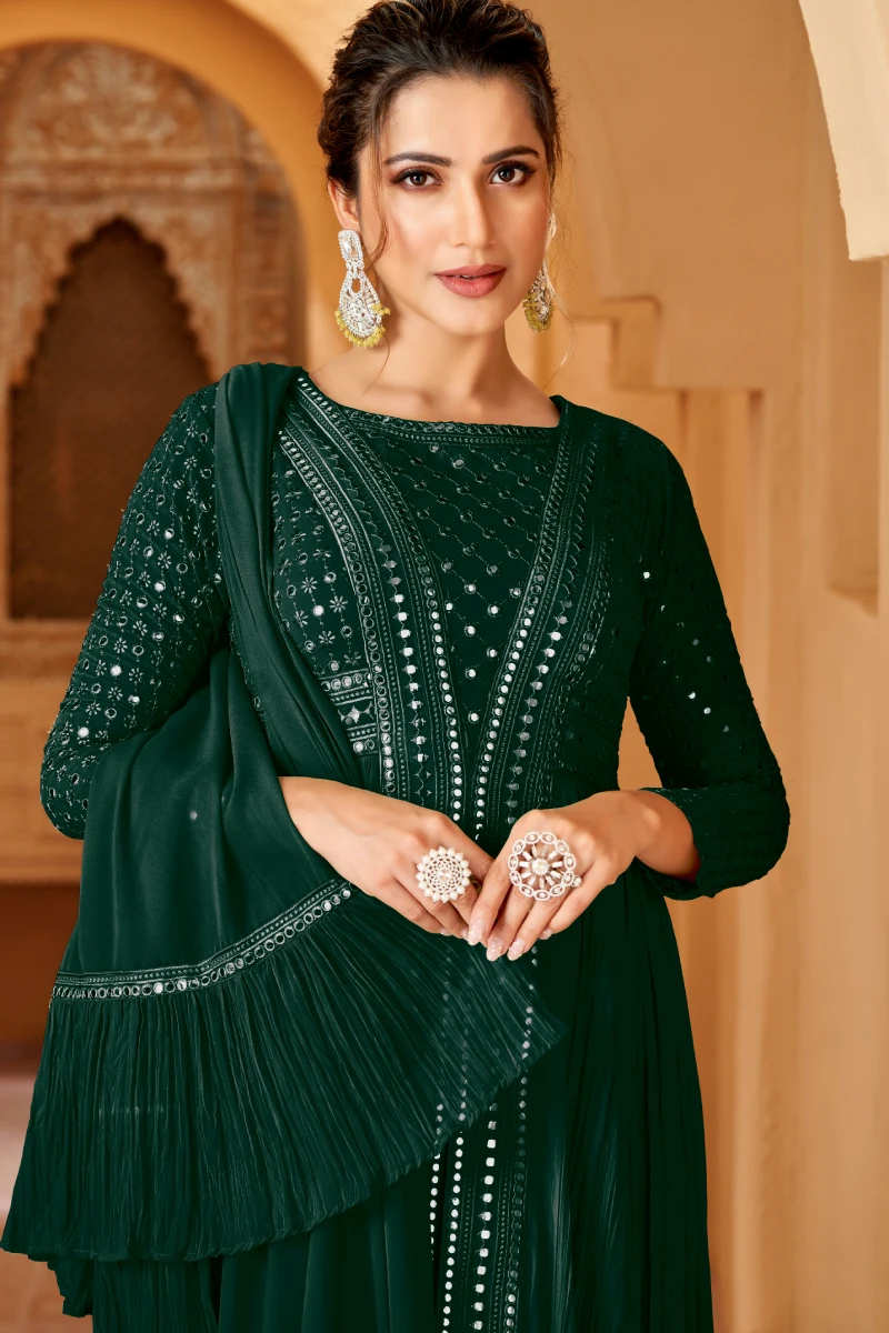 Green Crushed Georgette Mirror Work Slit Style Anarkali Suit