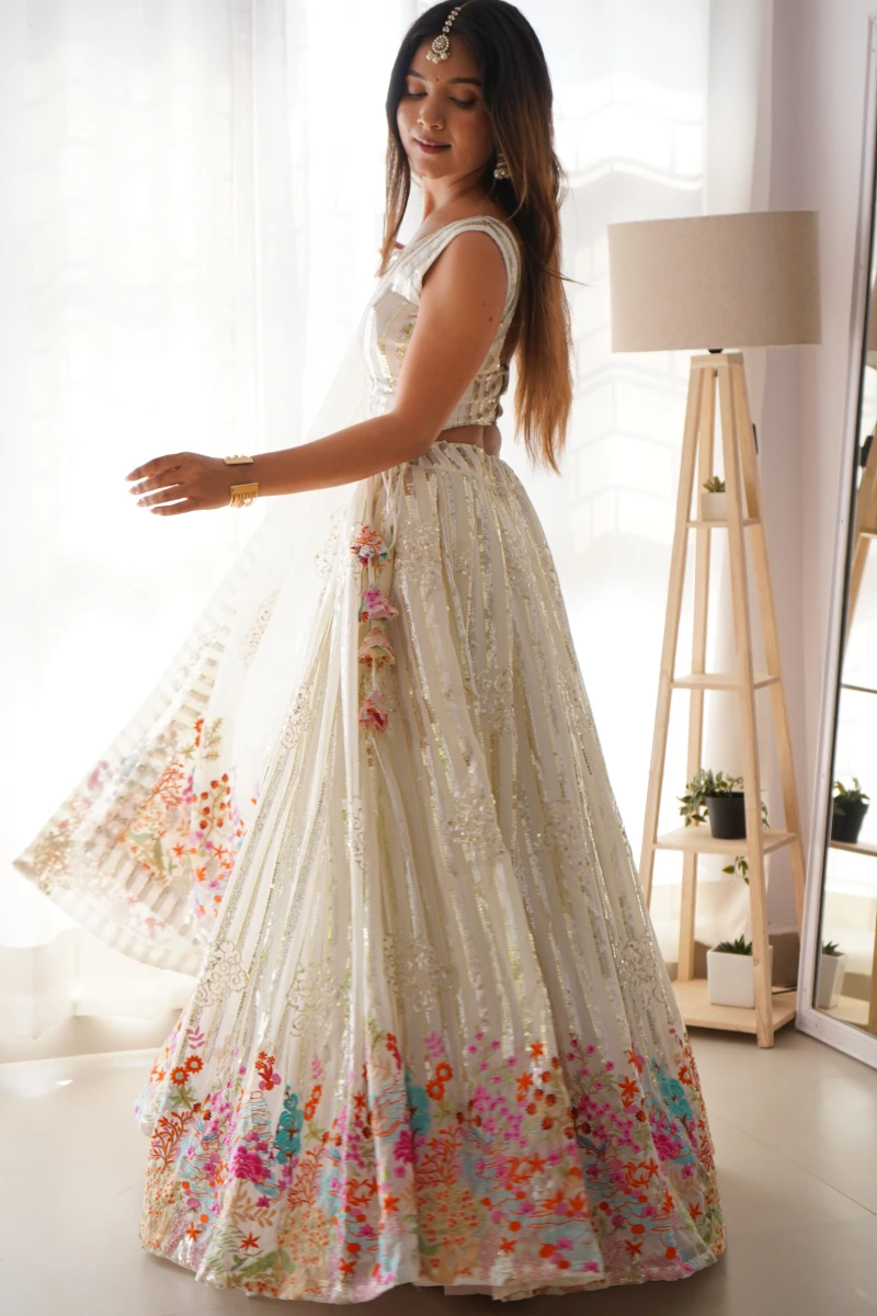 White Faux Georgette Embroidered Lehenga Choli with Dupatta