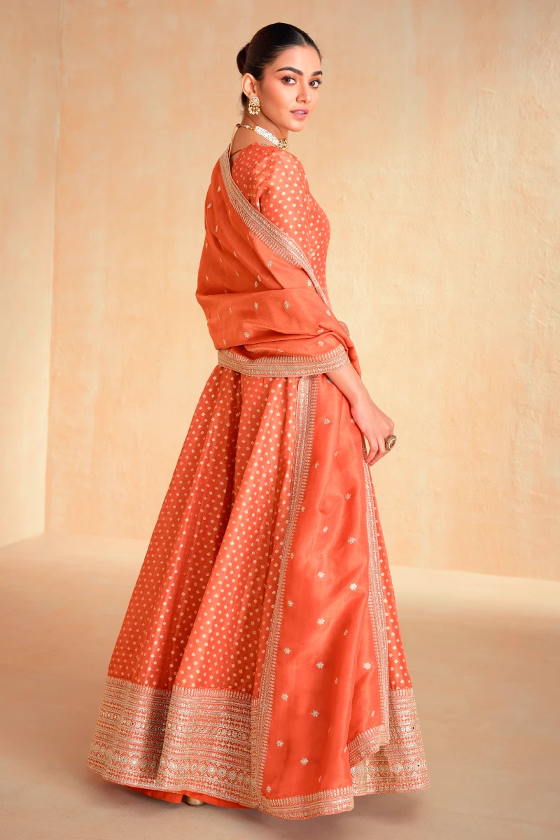 Orange Jacquard Embroidered Anarkali Suit with Vichitra Dupatta