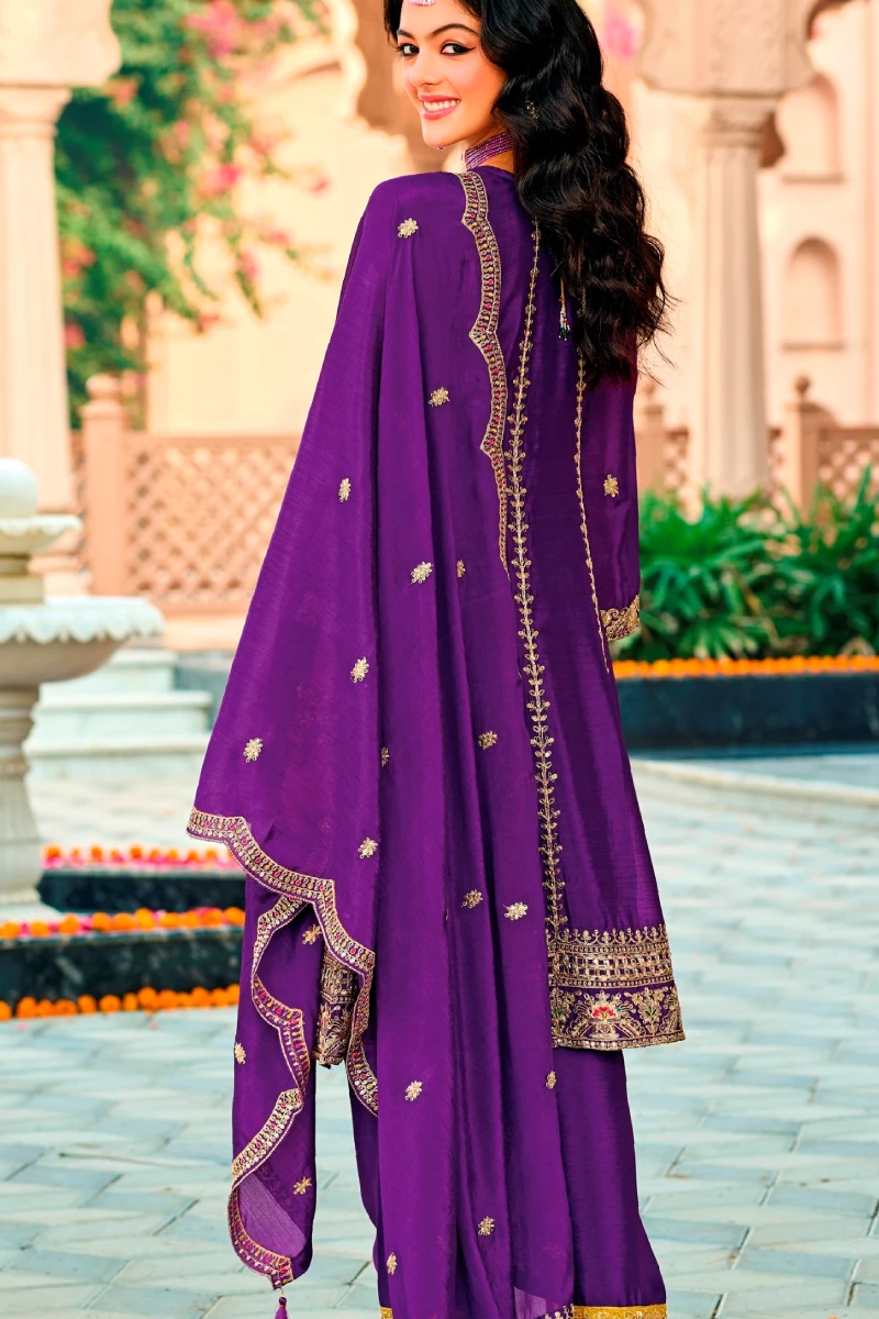 Purple Embroidered Chinon Anarkali Salwar Suit with Dupatta
