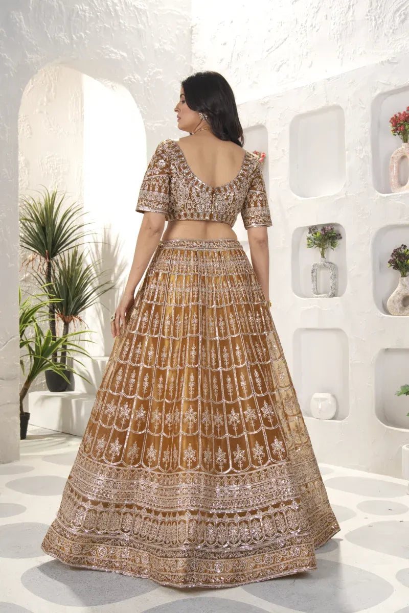 Golden Net Embroidered Lehenga Choli