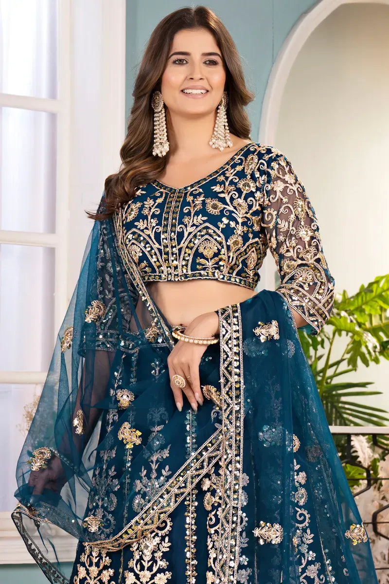 Teal Blue Net Embroidered Sequins Lehenga Choli with Dupatta