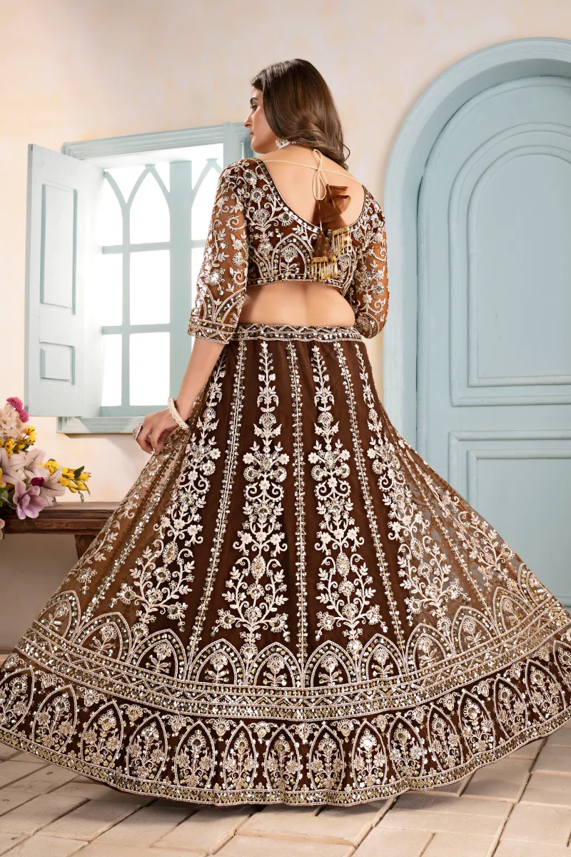 Brown Net Embroidered Sequins Lehenga Choli with Dupatta