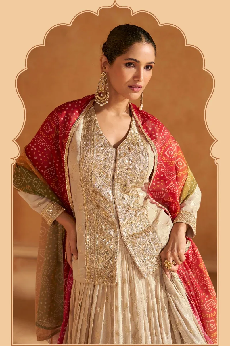 Beige Embroidered Jacquard Silk Lehenga Set