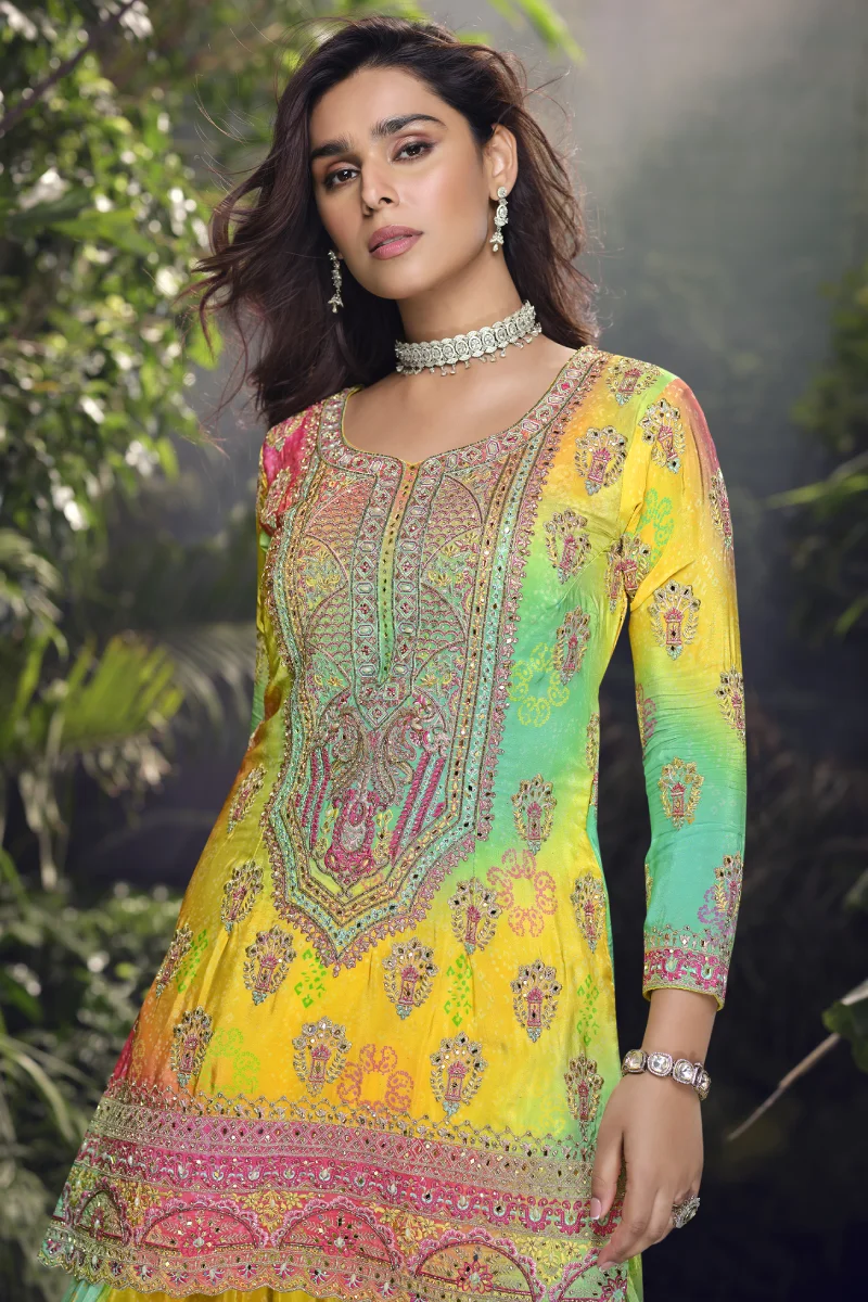 Yellow Tie-Dye Embroidered Palazzo Suit