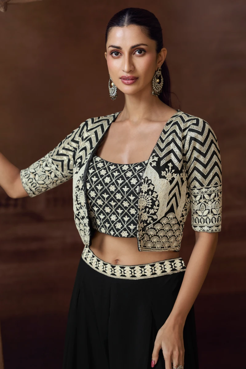 Black Georgette Embroidered Jacket Style Palazzo Suit