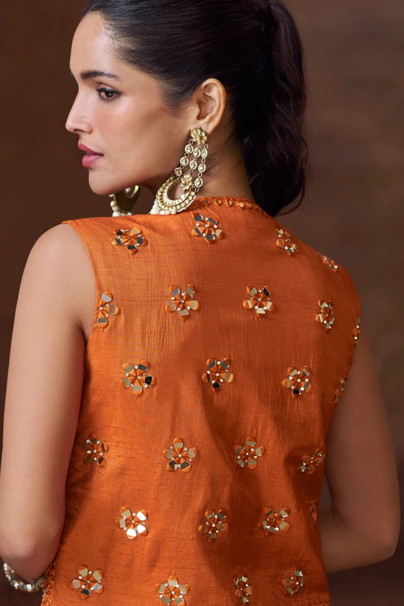 Orange Chinon Silk Palazzo Suit with Embroidered Jacket