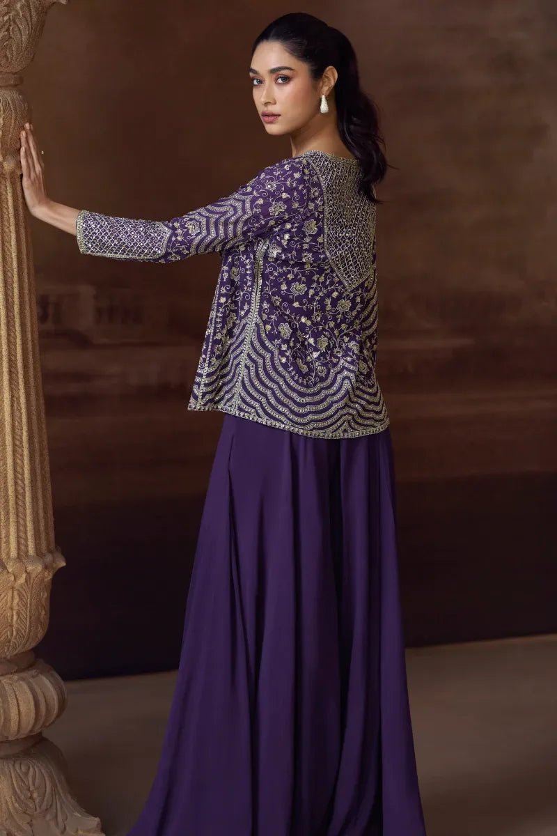 Purple Chinon Silk Palazzo Suit with Embroidered Jacket