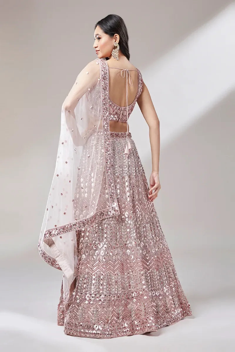 Rose Gold Net Mirror & Sequin Embroidery Lehenga Choli & Dupatta