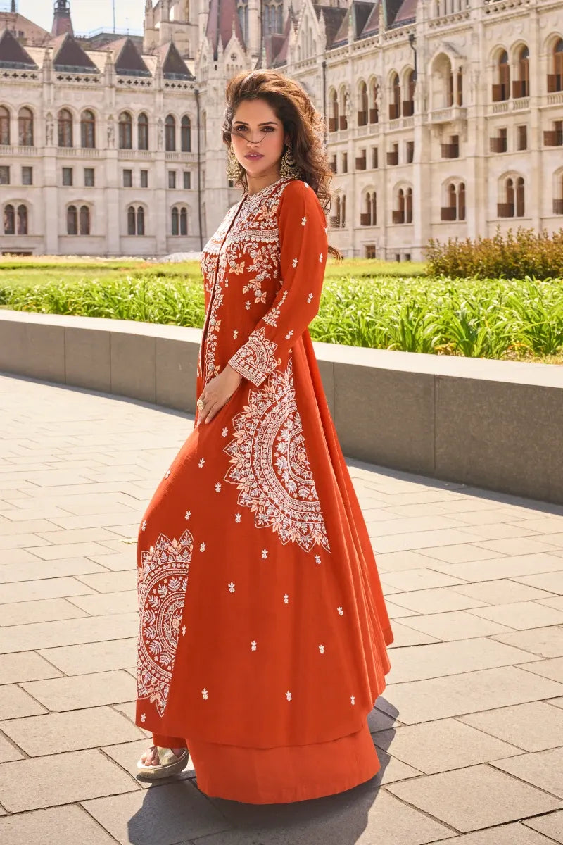 Orange Real Silk Embroidered Palazzo Suit with Dupatta