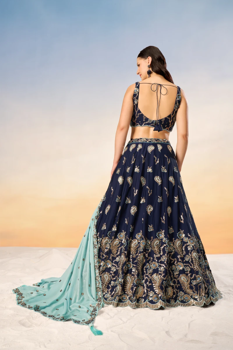 Navy Blue Pure Georgette Sequins Embroidered Lehenga Choli with Lavender Dupatta