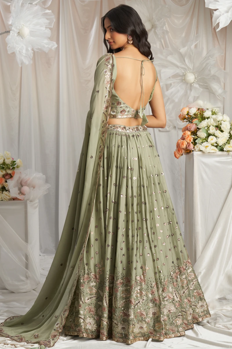 Lime Green Georgette Sequin Embroidery Lehenga Choli & Dupatta