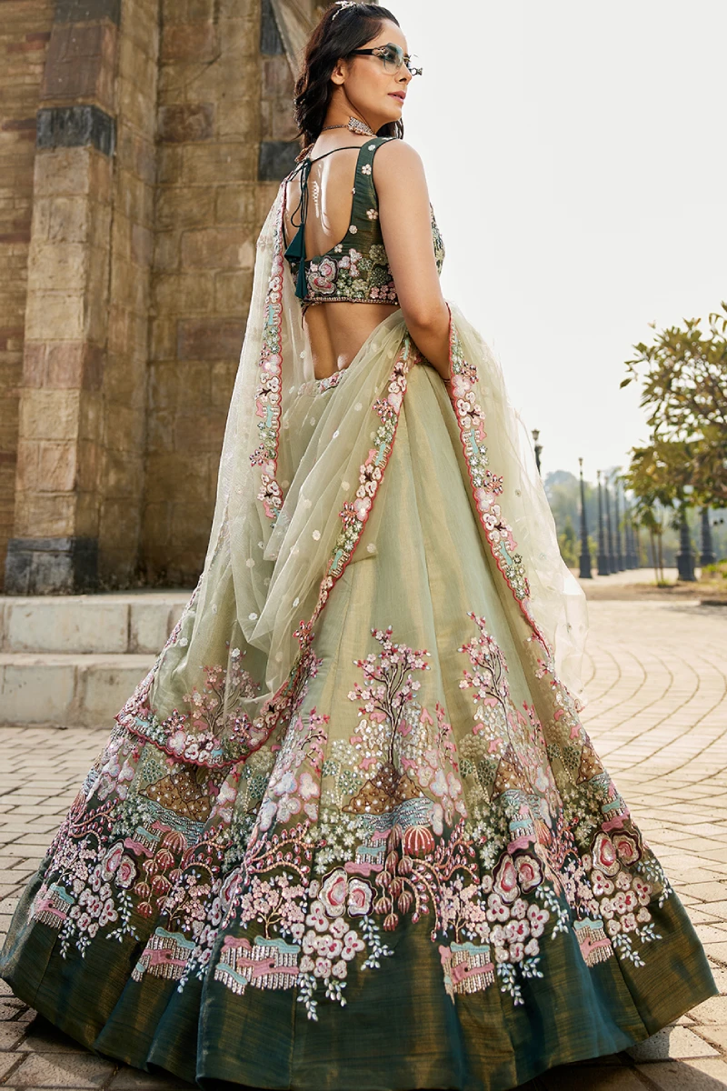 Green Bridal Net Sequins Embroidered Lehenga Choli with Dupatta