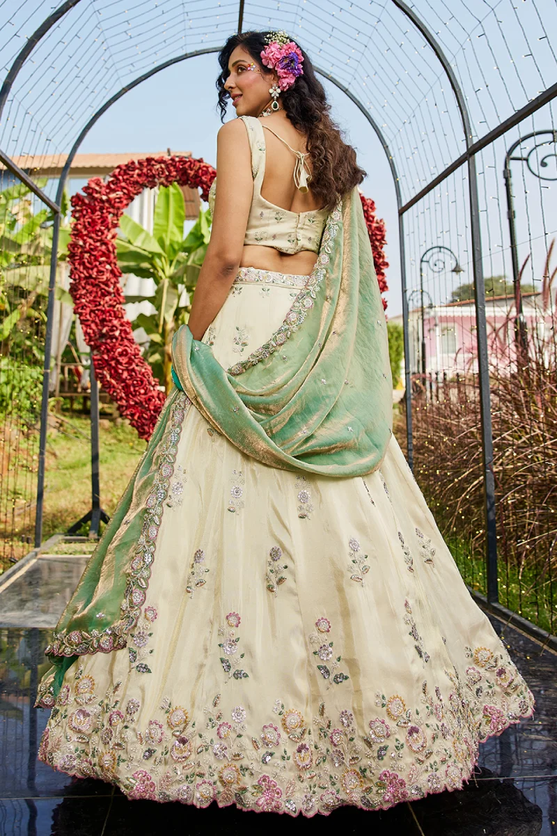 Cream Tissue Fabric Sequins Embroidered Lehenga Choli with Dupatta