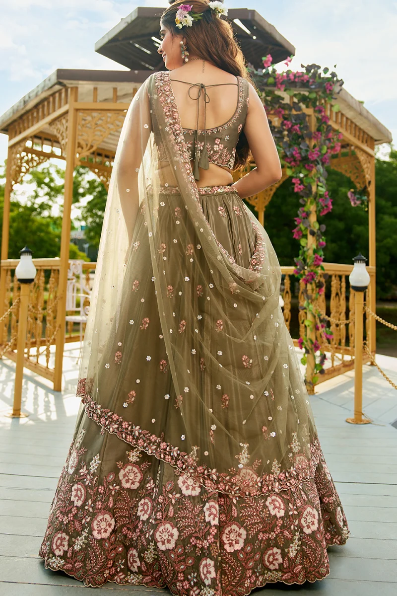 Olive Satin Sequins Embroidered Lehenga Choli with Dupatta