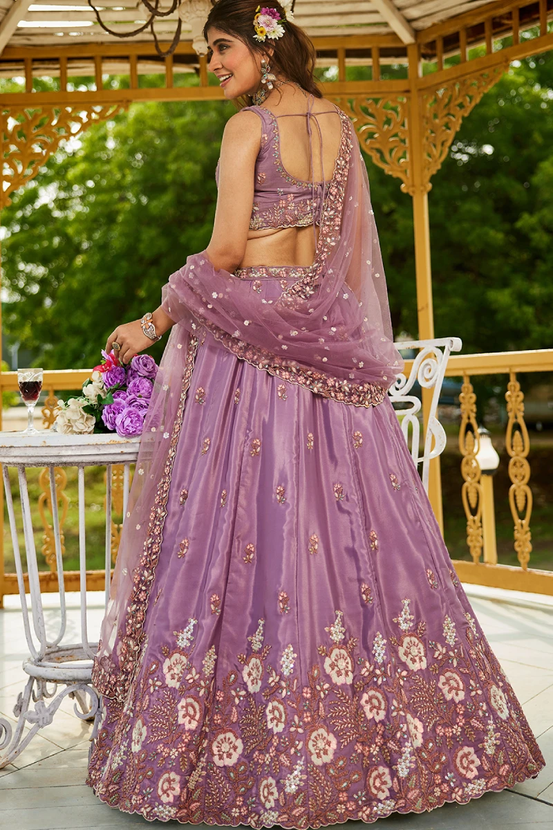 Rose Gold Satin Sequins Embroidered Lehenga Choli with Dupatta
