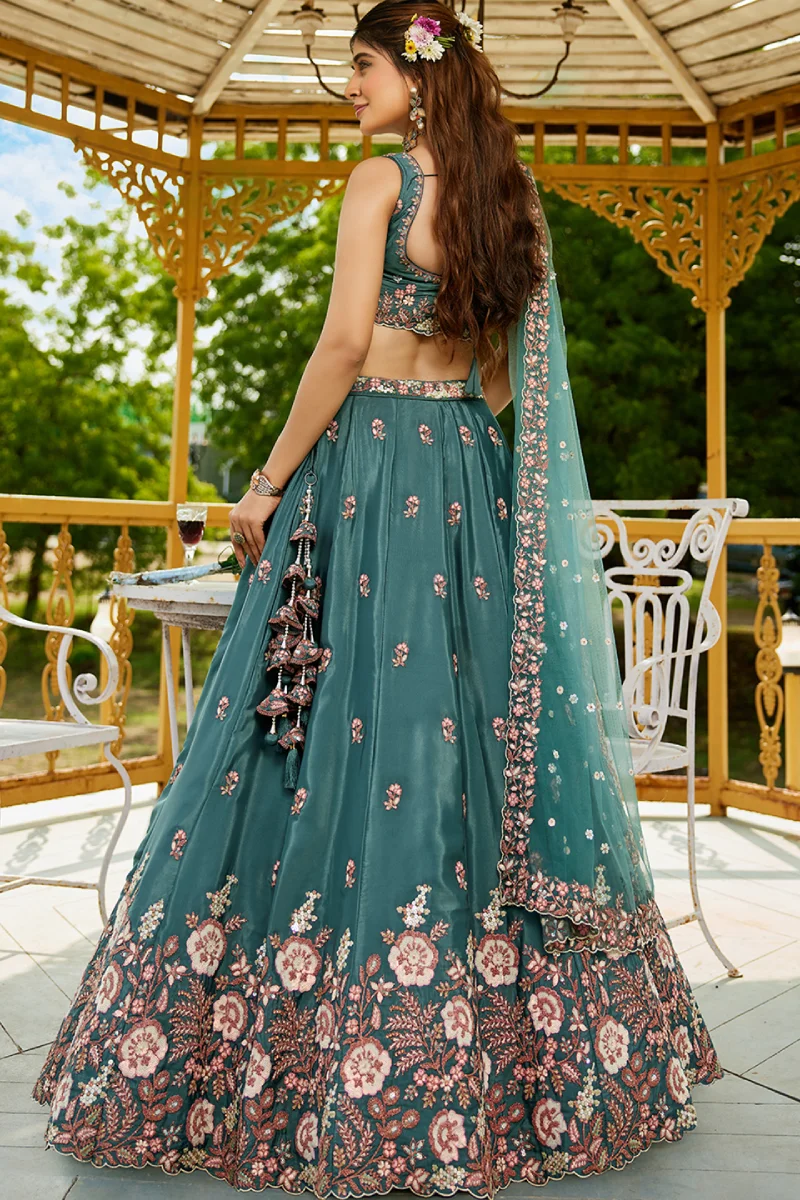 Teal Satin Sequins Embroidered Lehenga Choli with Dupatta