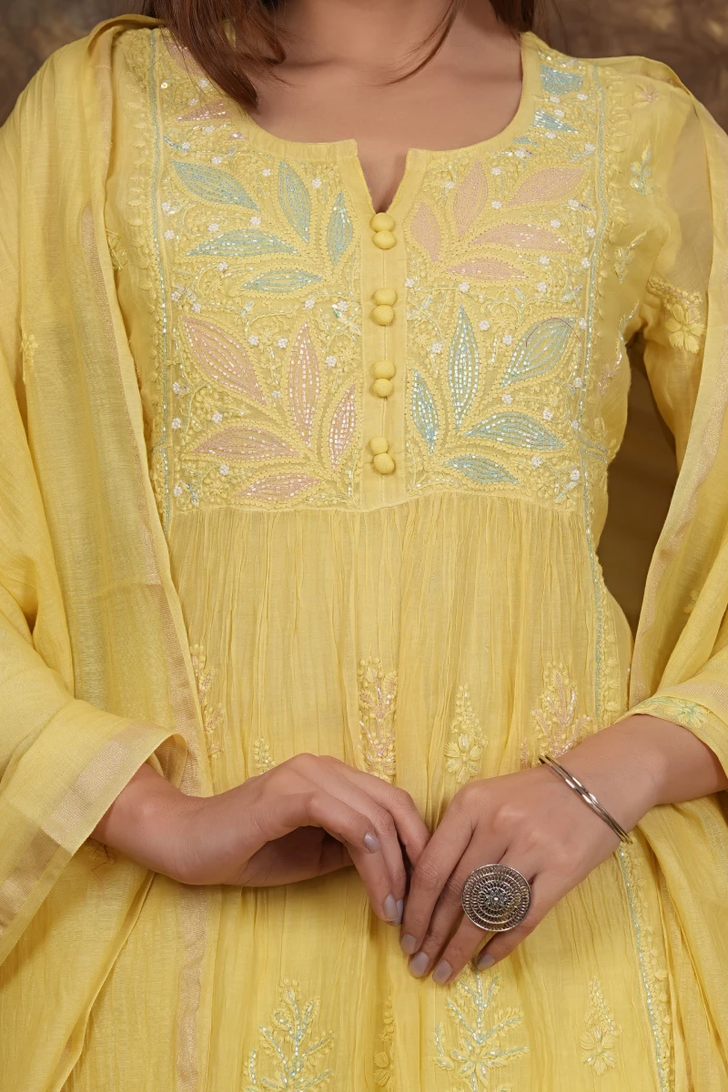 Pastel Yellow Chikankari Handwork Nayra Cut Kurta Set with Dupatta
