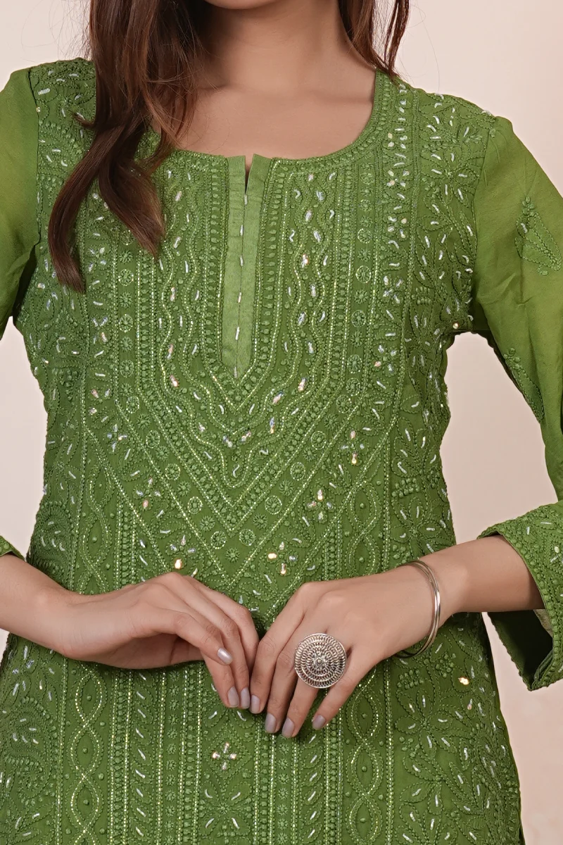 Olive Green Chikankari Handwork Straight Kurta Set with Dupatta