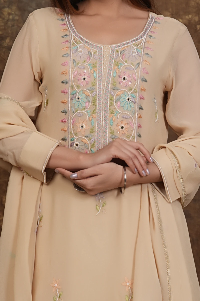 Pastel Floral Chikankari Handwork Kurta Set with Dupatta
