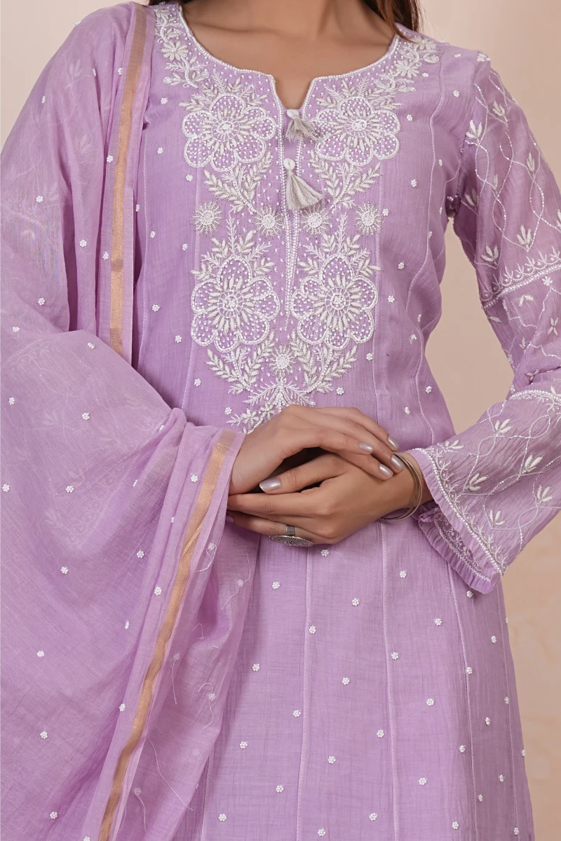 Lilac Chikankari Handwork A-Line Kurta Set with Dupatta