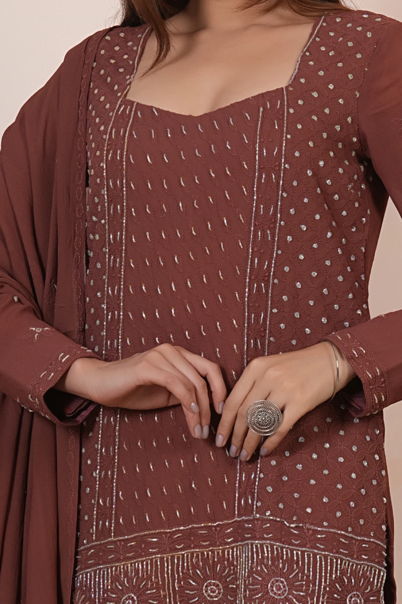 Burnt Cocoa Chikankari Handwork Kurta Set with Dupatta
