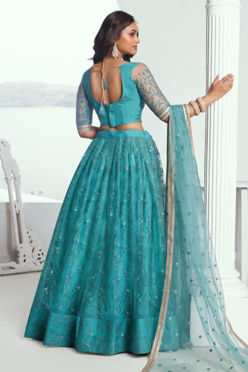 Turquoise Butterfly Net Lehenga Choli with Embroidered Thread Work