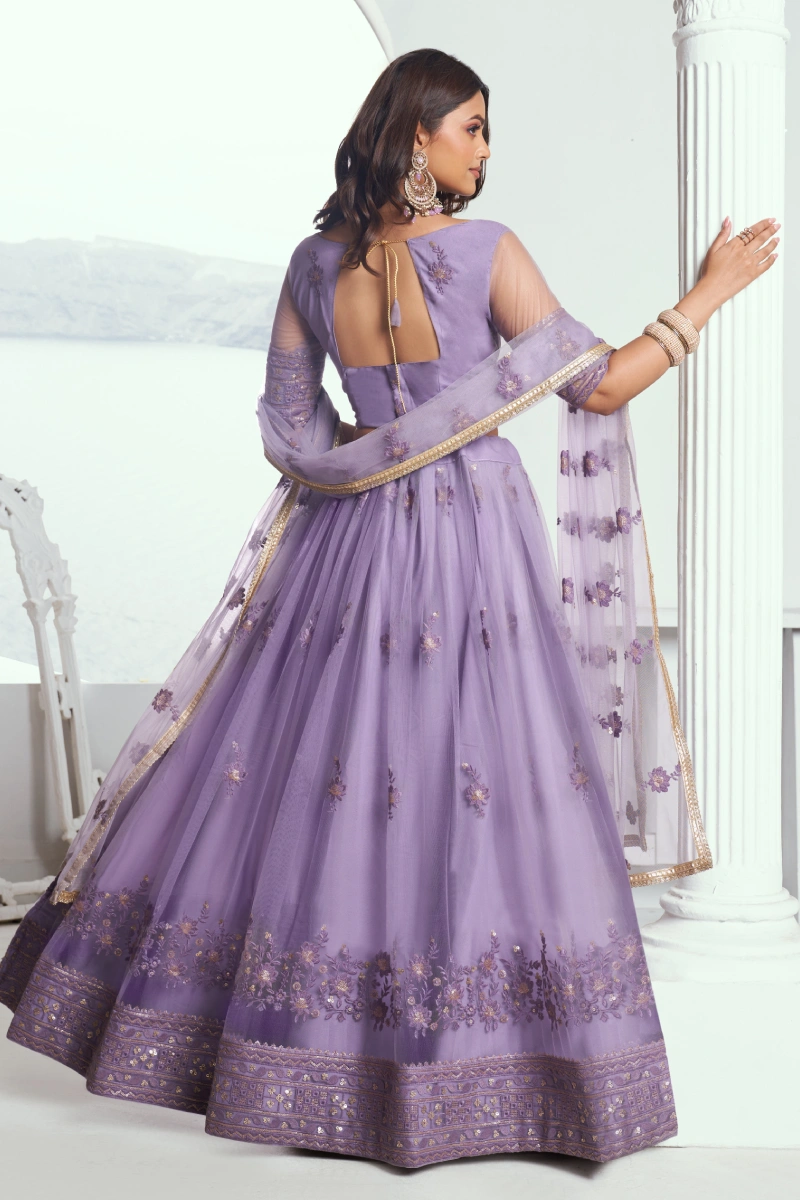 Lavender Butterfly Net Lehenga Choli with Embroidered Thread Work