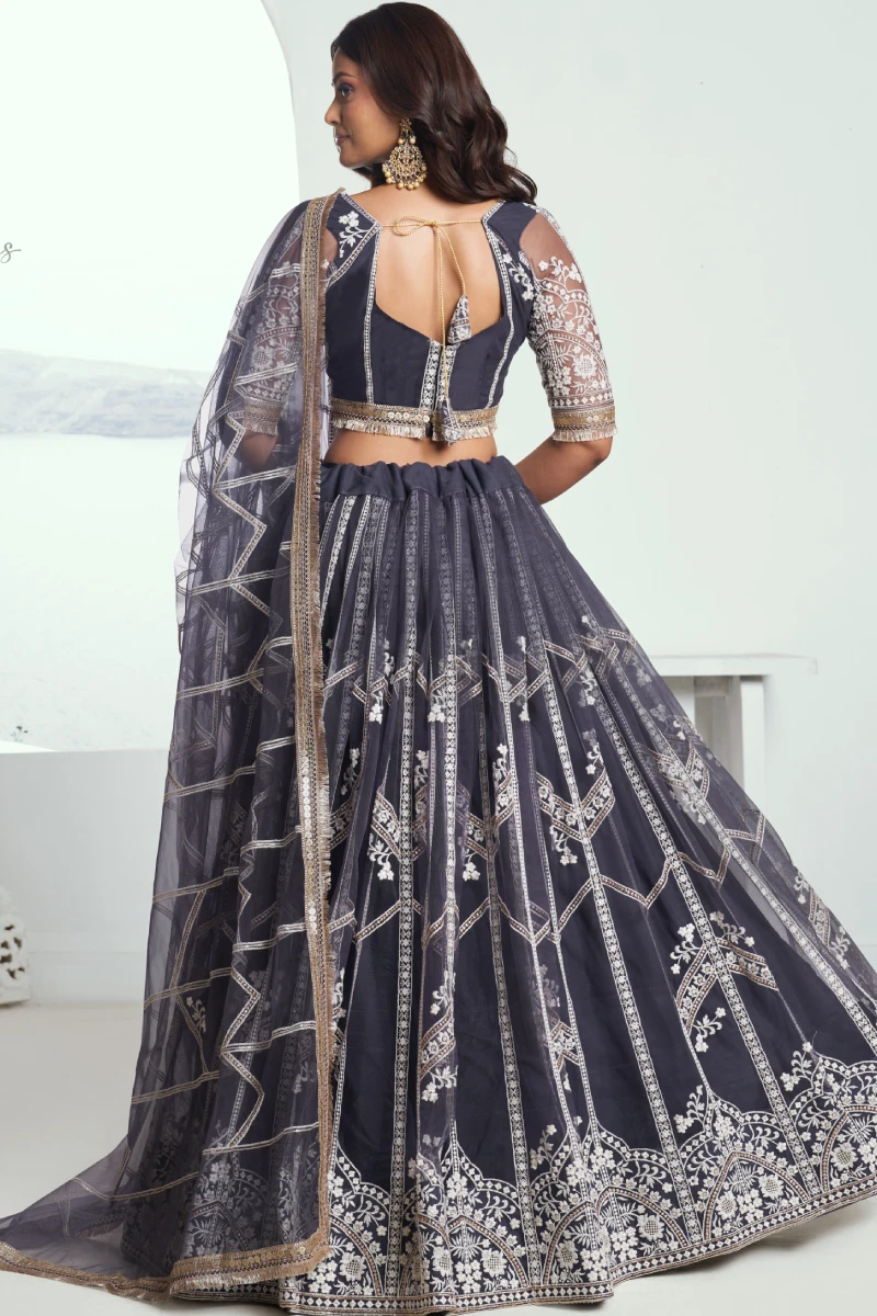 Grey Butterfly Net Lehenga Choli with Embroidered Thread Work