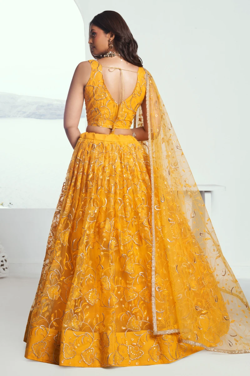 Yellow Butterfly Net Lehenga Choli with Embroidered Thread Work
