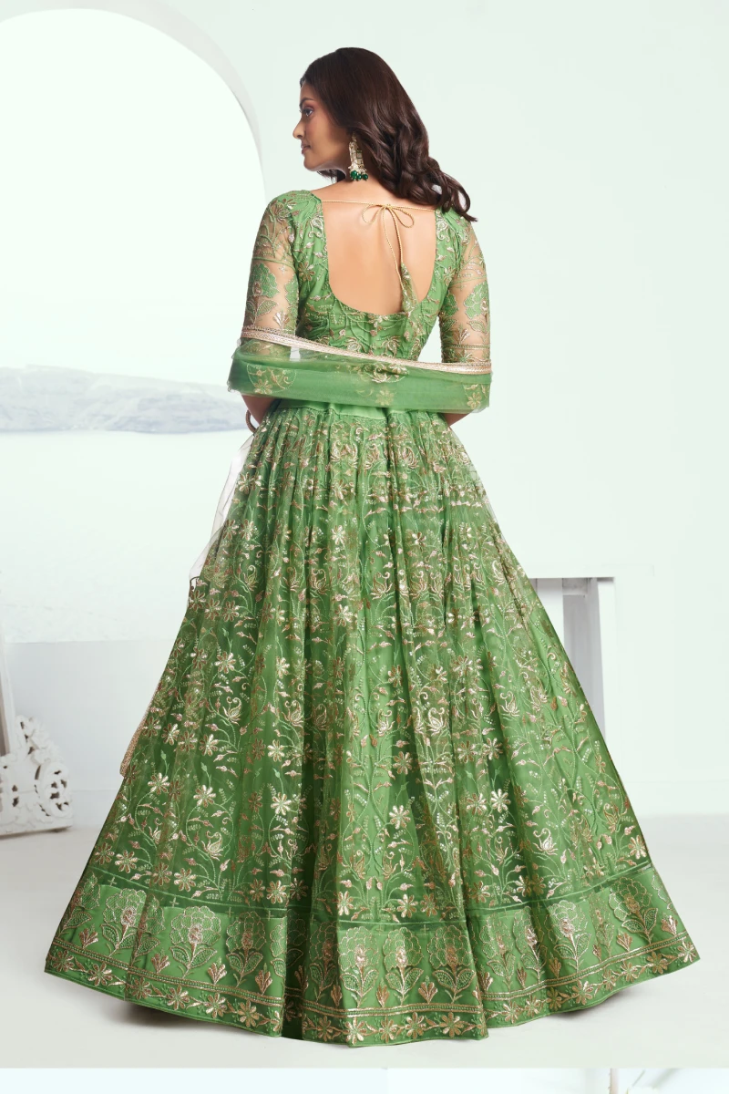 Green Butterfly Net Lehenga Choli with Embroidered Thread Work