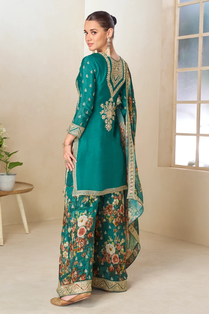 Green Chinon Silk Digital Print Embroidered Palazzo Suit with Dupatta