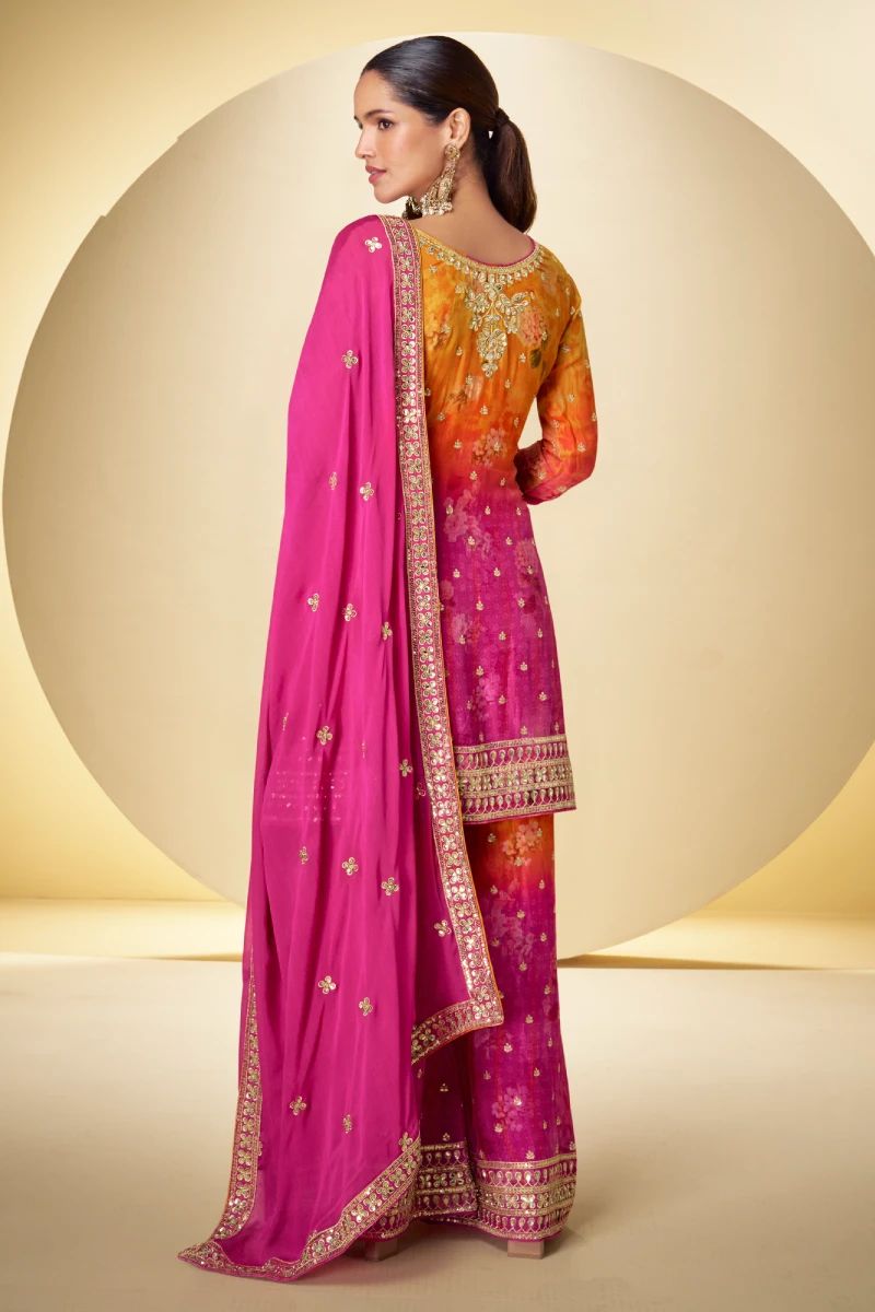 Orange & Pink Mix Chinon Silk Embroidered Palazzo Suit with Dupatta