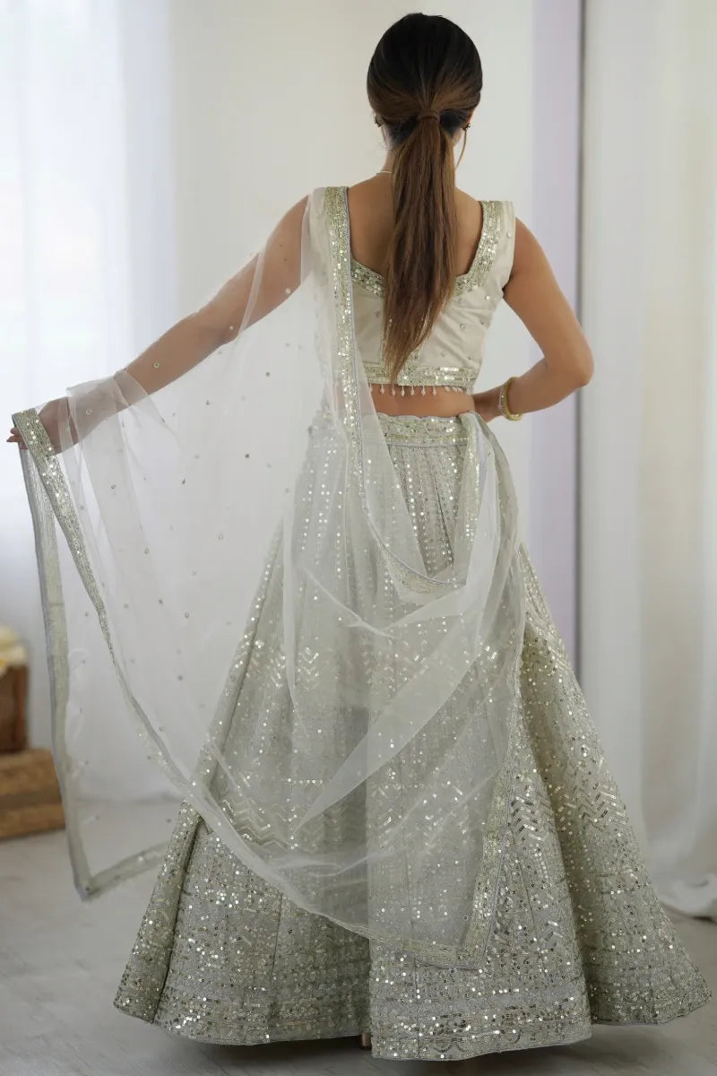 Greyish White Georgette Embroidered Lehenga Choli
