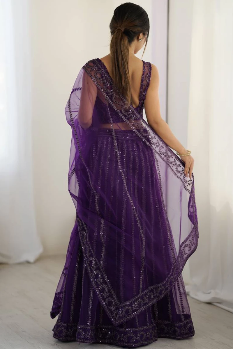 Purple Net Embroidered Lehenga Choli with Dupatta
