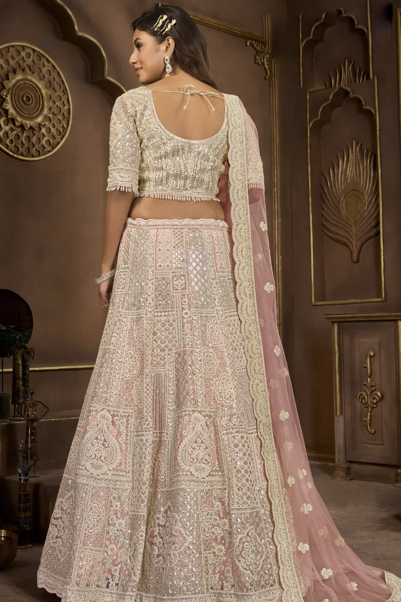 Peach Premium Net Bridal Lehenga Choli with Embroidery and Sequins