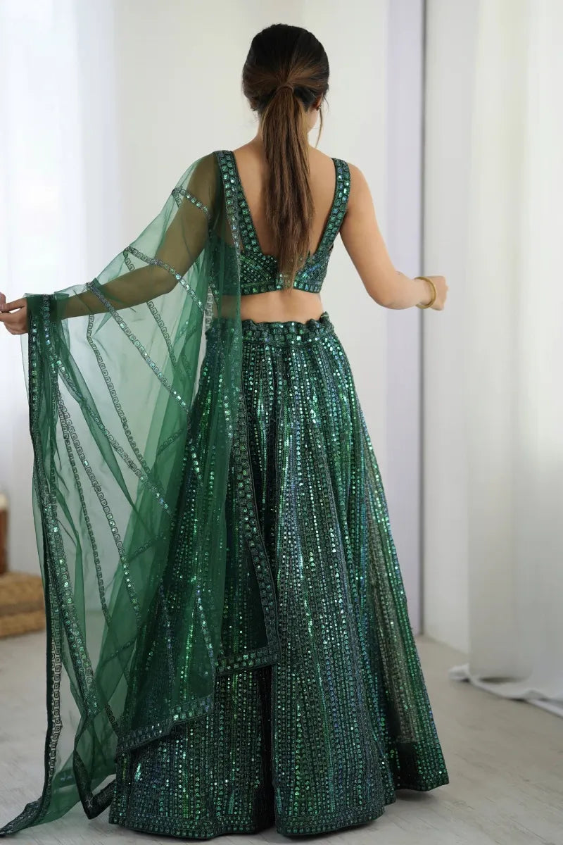 Green Net Embroidered Lehenga Choli with Dupatta