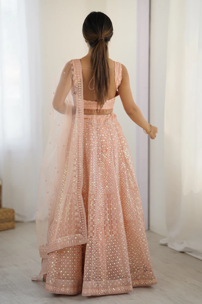 Peach Net Embroidered Lehenga Choli with Dupatta