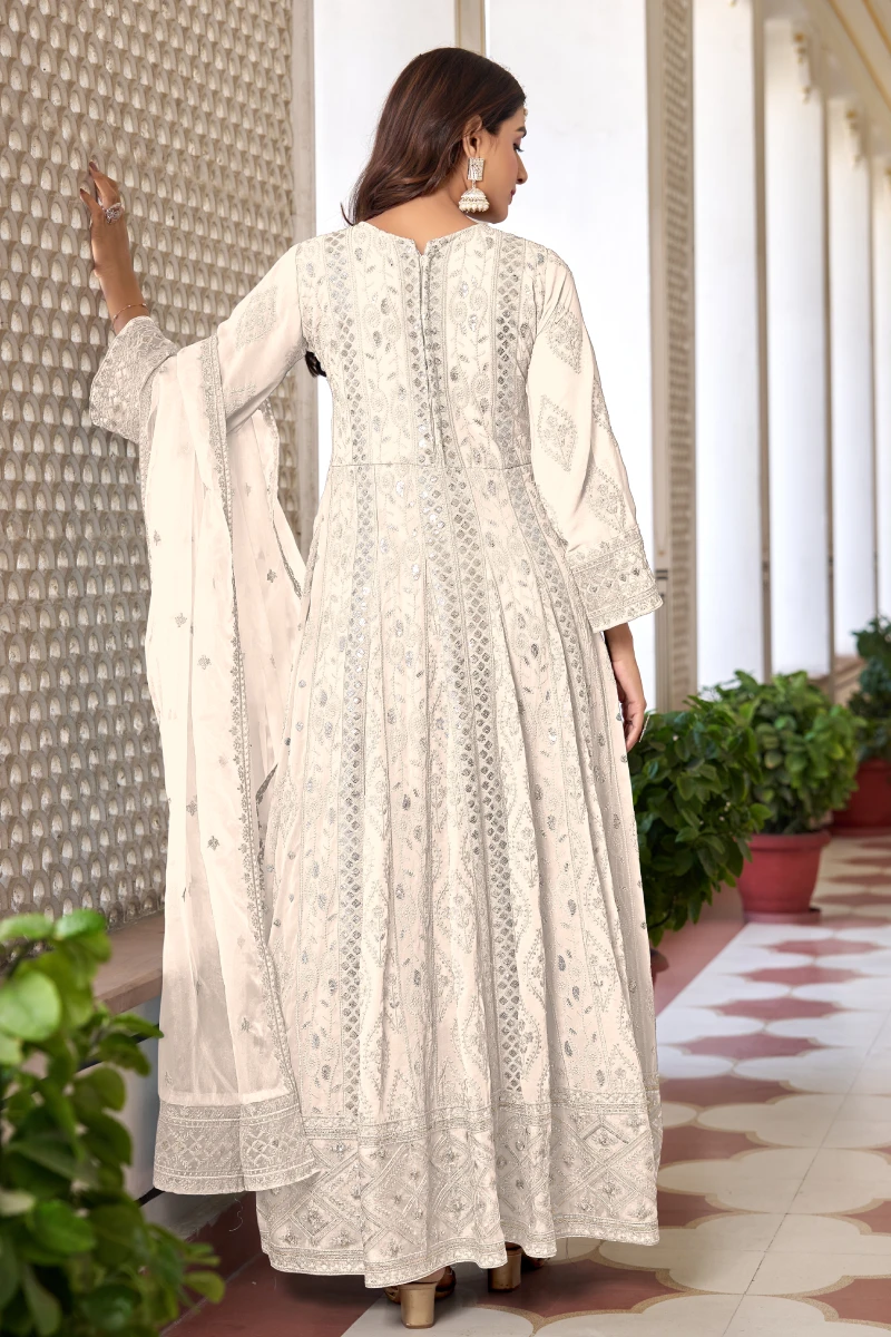Cream Faux Georgette Embroidered Slit Style Salwar Suit with Dupatta