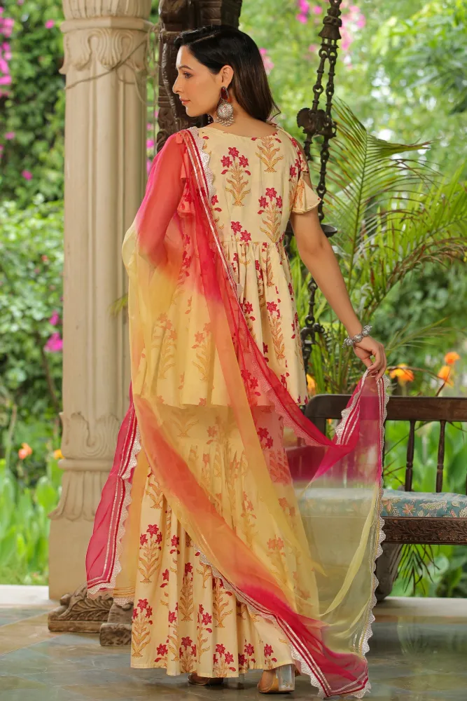 Cream Pink Printed Cotton Sharara Set – Set of 3