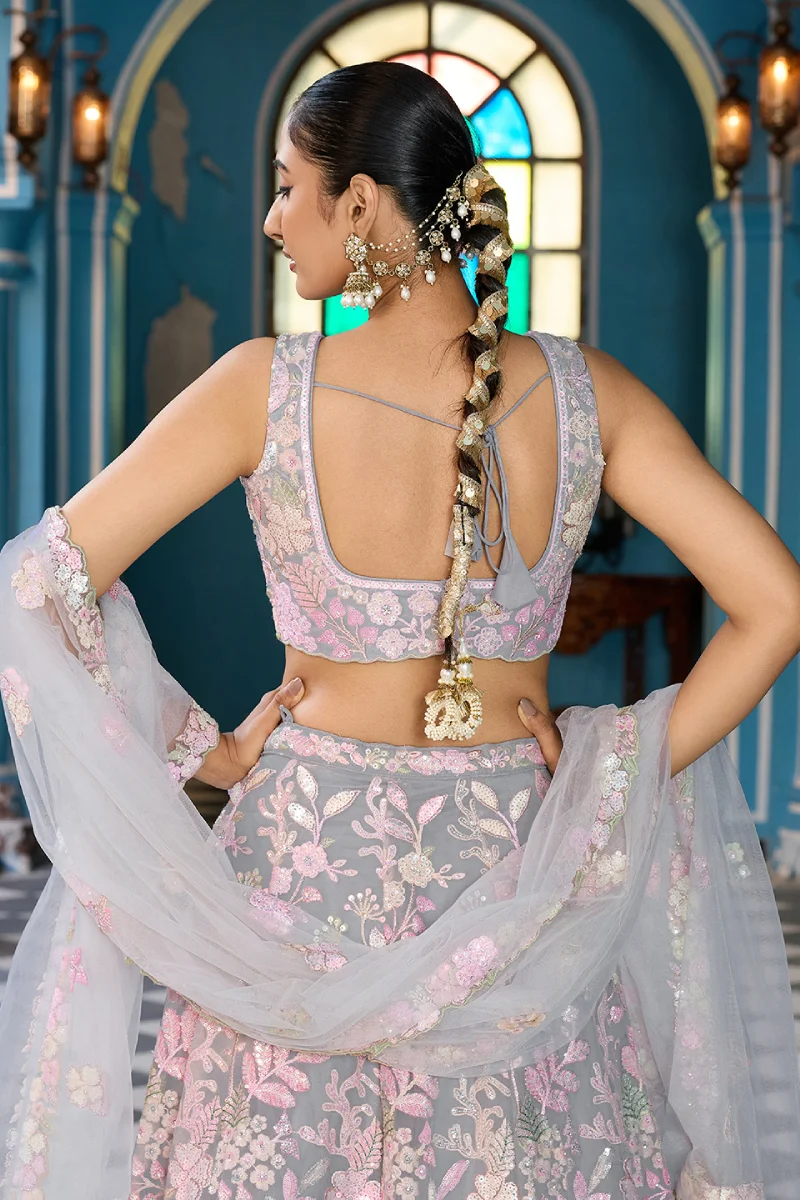 Grey Net Sequins Embroidered Lehenga Set