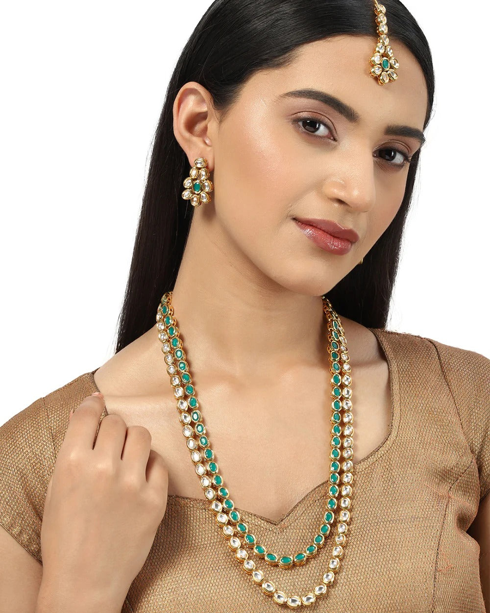 Kundan Gold Plated Long Necklace Set with Green Stones