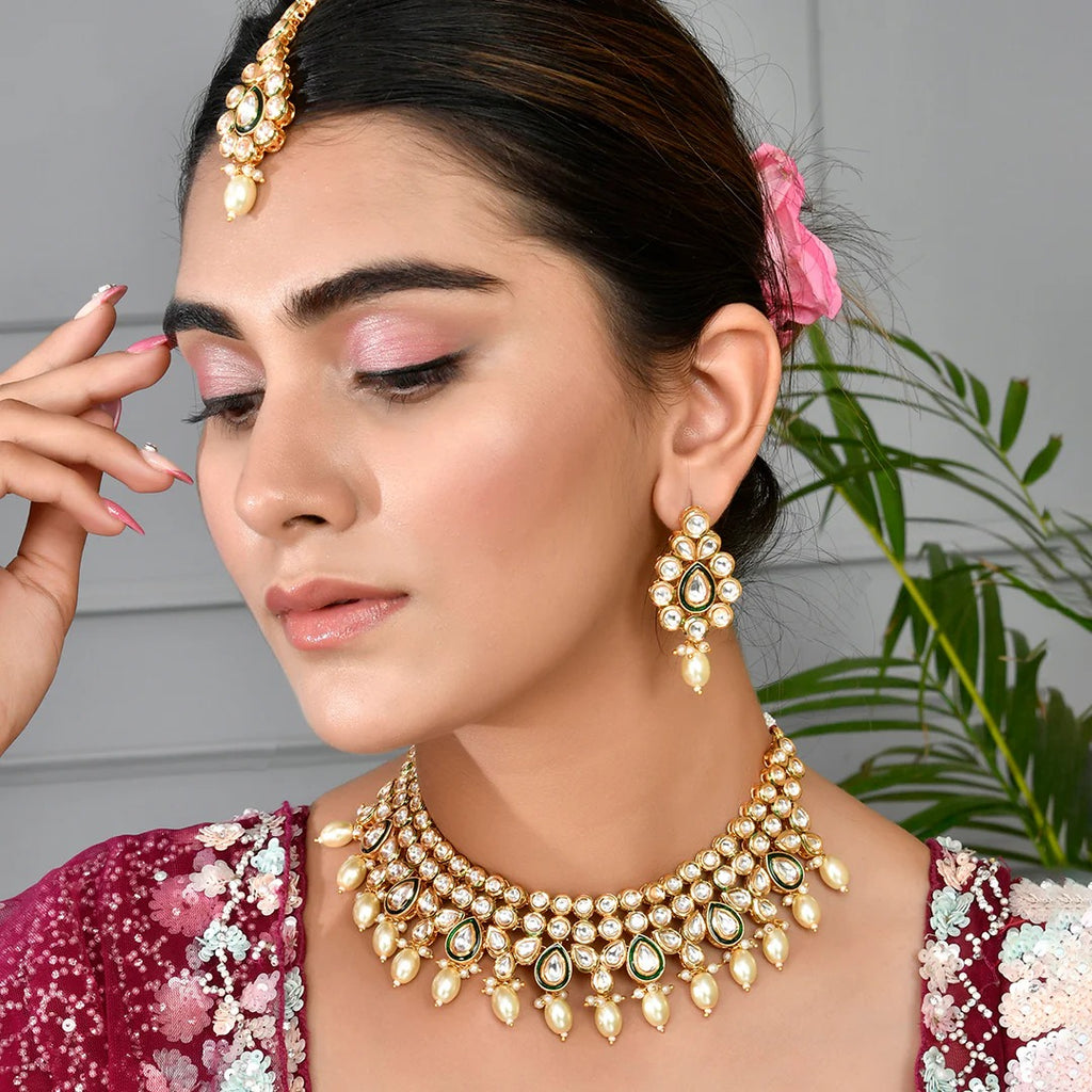 Kundan Elegance White Pearls and Faux Kundan Gold Plated Maang Tika Set
