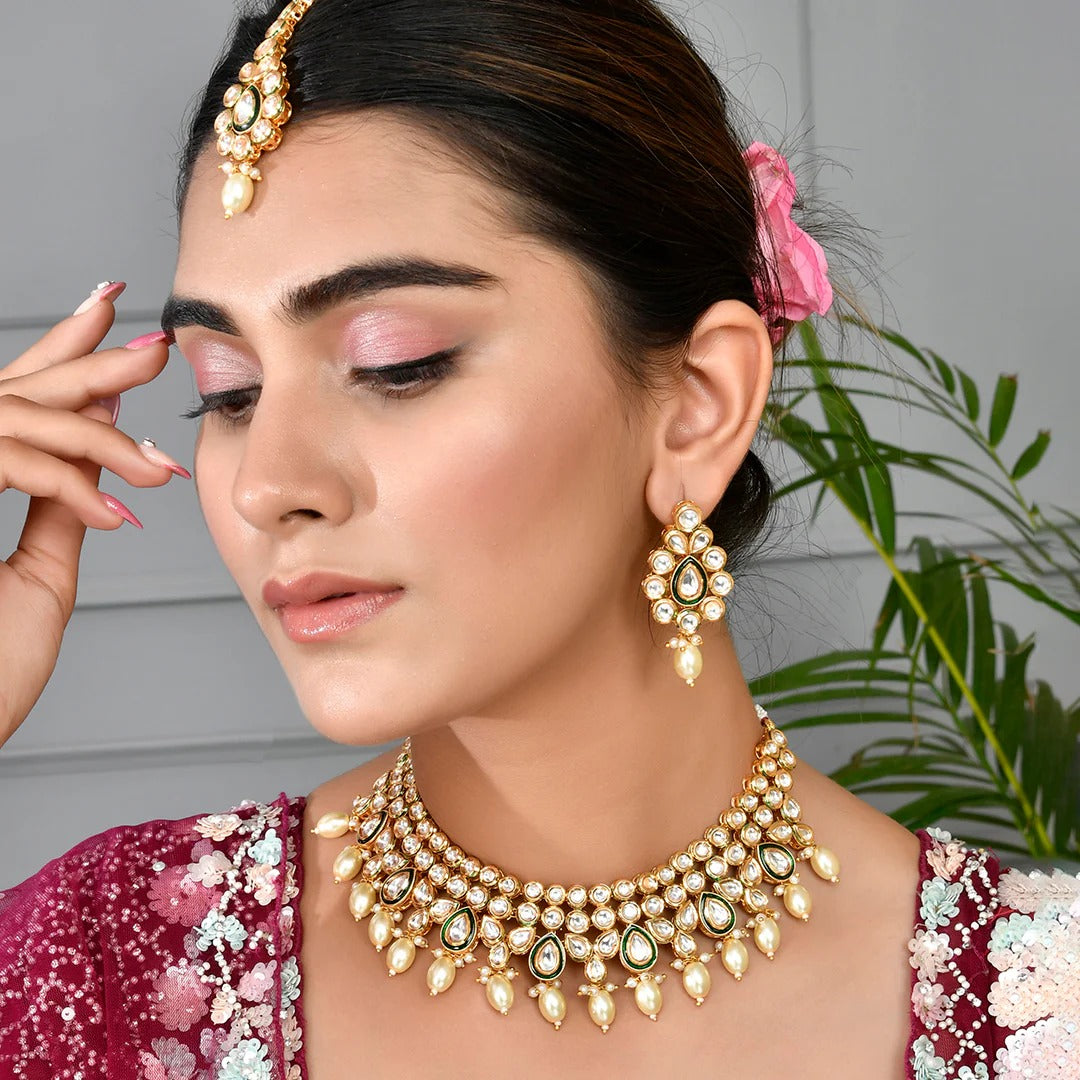 Kundan Elegance White Pearls and Faux Kundan Gold Plated Maang Tika Set