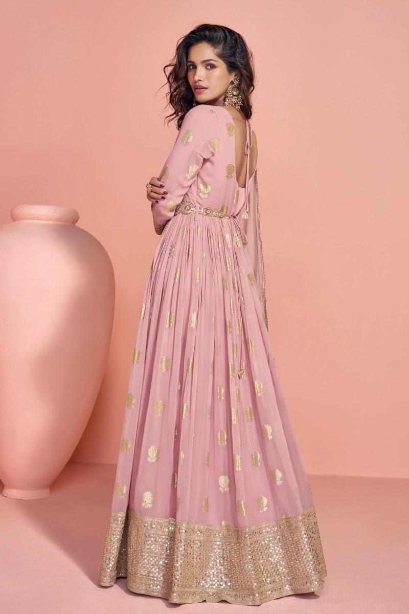 Pink Viscose Jacquard Silk Embroidered Anarkali Gown with Dupatta