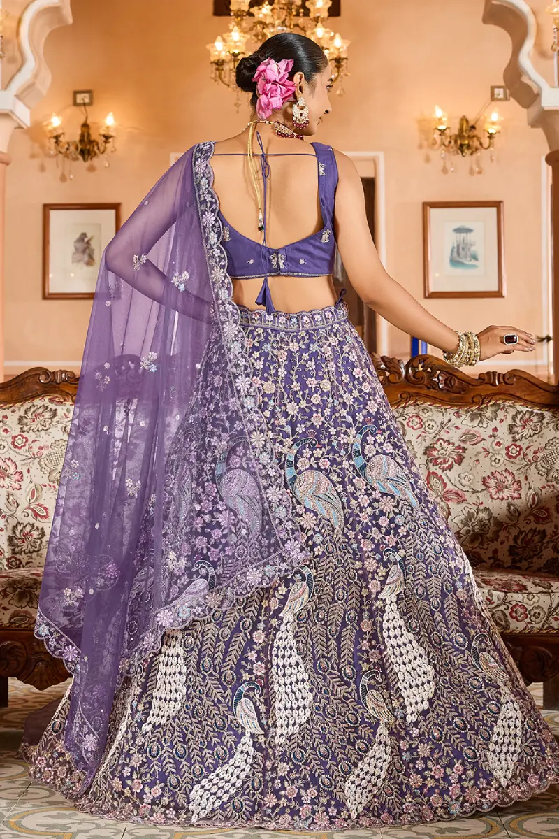 Purple Net Sequins Embroidered Lehenga with Blouse & Dupatta